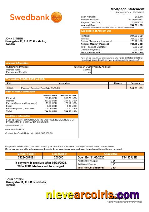 Swedish Swedbank bank mortgage statement